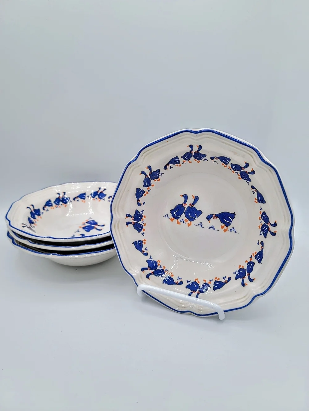 Hankook Blue Geese Soup Cereal Bowls Set 4 Farmhouse Country Cottage Korea Vtg